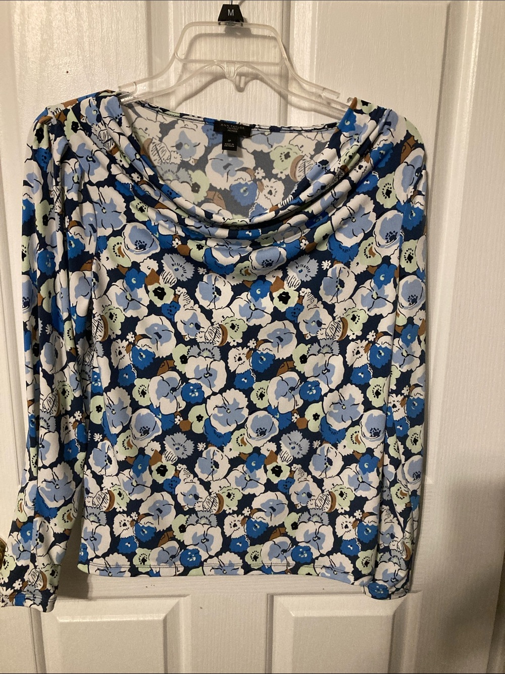 50% in 3+ bundle, Ann Taylor Factory Petite Blue Floral Cowl Neck Top